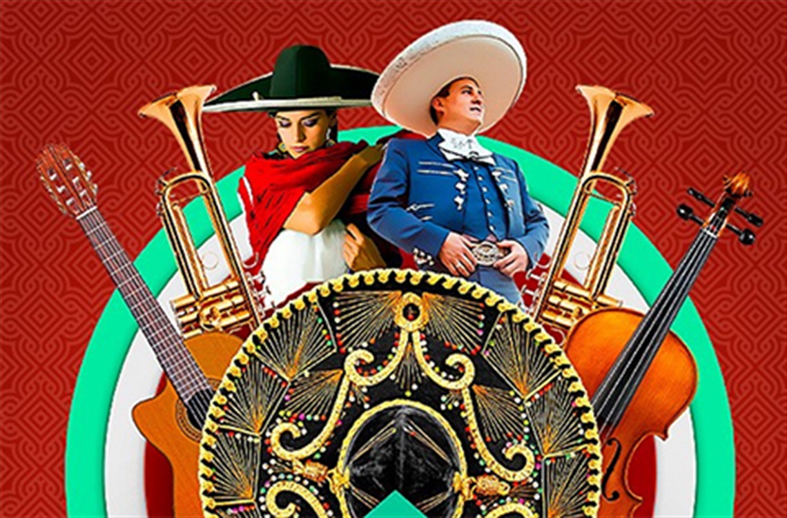 Mariachi duo with guitar, trumpet, and hat on red backdrop.