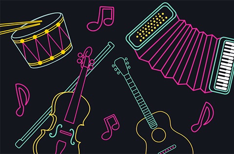 Neon line style illustrations of instruments and music notes on black background.