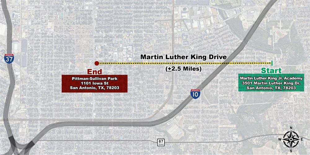 The Route of the MLK March which starts on MLK drive and ends in pittman sullivan park