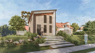 The 800 SF ADU, designed by StudioMassivo and Timberlyne Group, offers a light-filled living space with seamless outdoor access. Built with a metal roof, natural wood siding, and advanced techniques, it supports net-zero principles for sustainability.