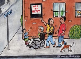 Family walking down the street noticing an Apartment for Rent sign.