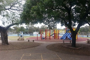 A park with a playground and a tree: a serene outdoor space with a play area and a single tree providing shade.