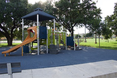 A playground with a slide and a tree.