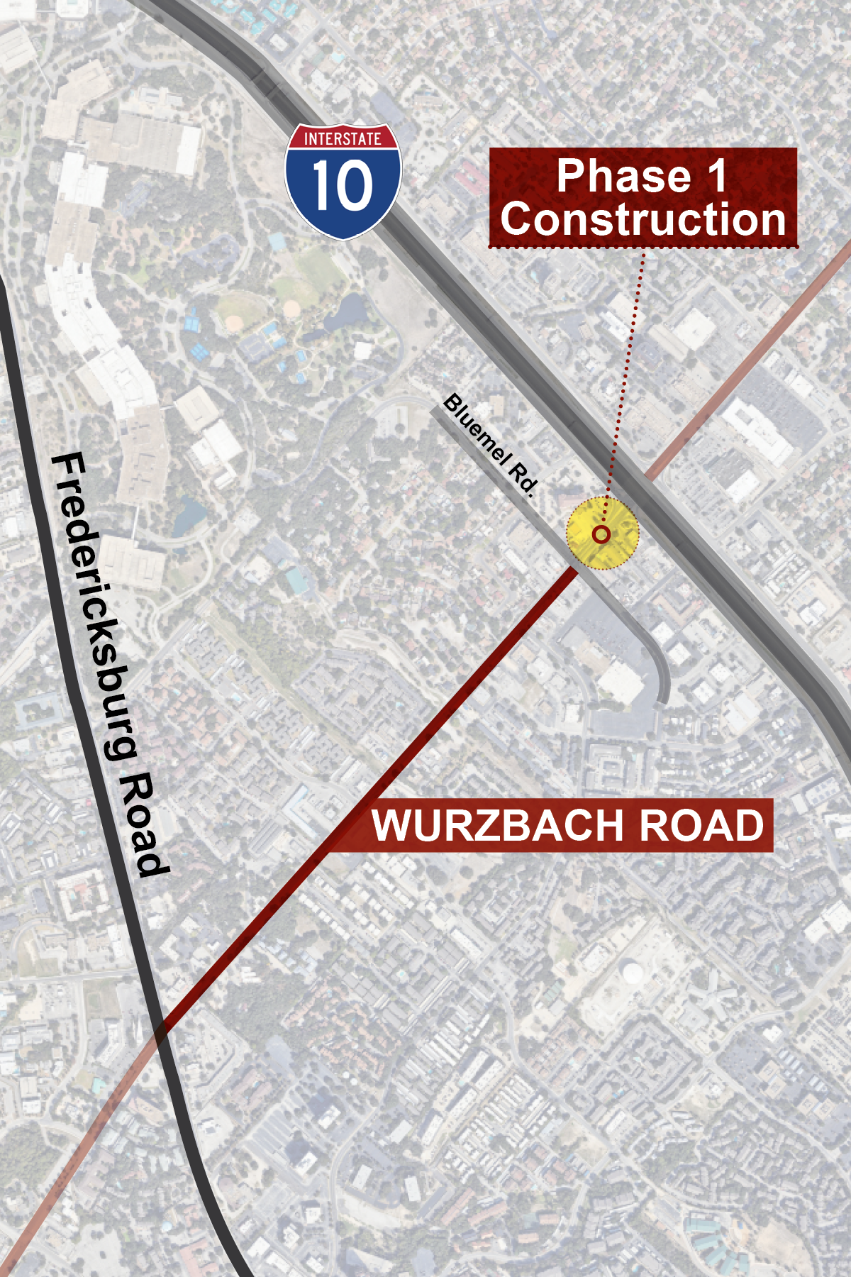 A Map of the construction on Wurzbach Parkway from Bluemel Road to Fredricksburg Road