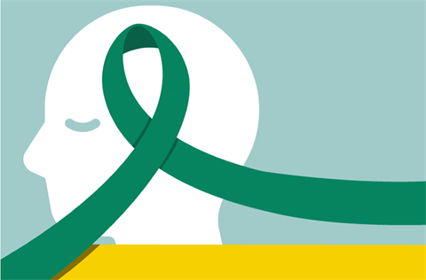 An image of a person's head with a green ribbon in their brain for Mental Health Awareness.