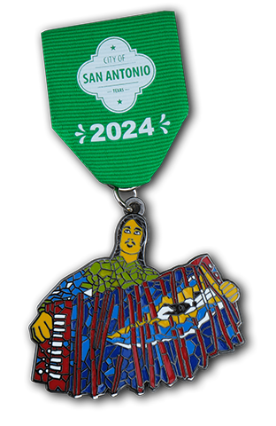 Fiesta medal from San Antonio music festival, featuring guy playing accordion on green ribbon.