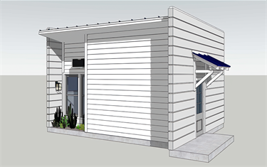 The Modulator, by A-Digital, LLC, is a 309 square foot ADU is ideal for minimalist living or use as a studio. It includes a full bathroom and kitchenette. The modular design allows for future expansion, and the roof is solar-ready.