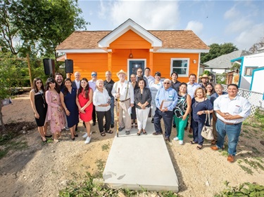 Our Casas Residents Council, Inc. designed this 375 square foot ADU plan. It features one bedroom, one bathroom, a kitchen/dining area, space for a stackable washer/dryer and a small HVAC unit.