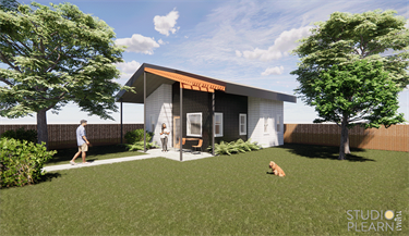 The 490 square foot Hideaway Haven ADU by Studio Plearn blends modern and traditional styles, featuring a shaded porch and energy-efficient design. It includes dual-pane windows and an option for salvaged wood siding, making it adaptable to San Antonio's neighborhoods.