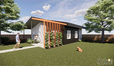 The 794 square foot Inside Out ADU by Studio Plearn blends modern and traditional styles, featuring a shaded porch and energy-efficient design. It includes dual-pane windows and an option for salvaged wood siding, making it well-suited for San Antonio's neighborhoods.